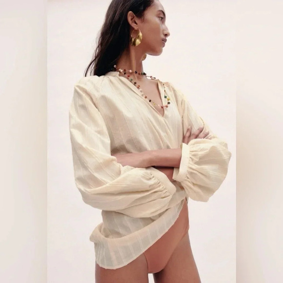 Zara  Rustic Balloon Sleeve Blouse | Cream | Size S - Picture 1 of 8